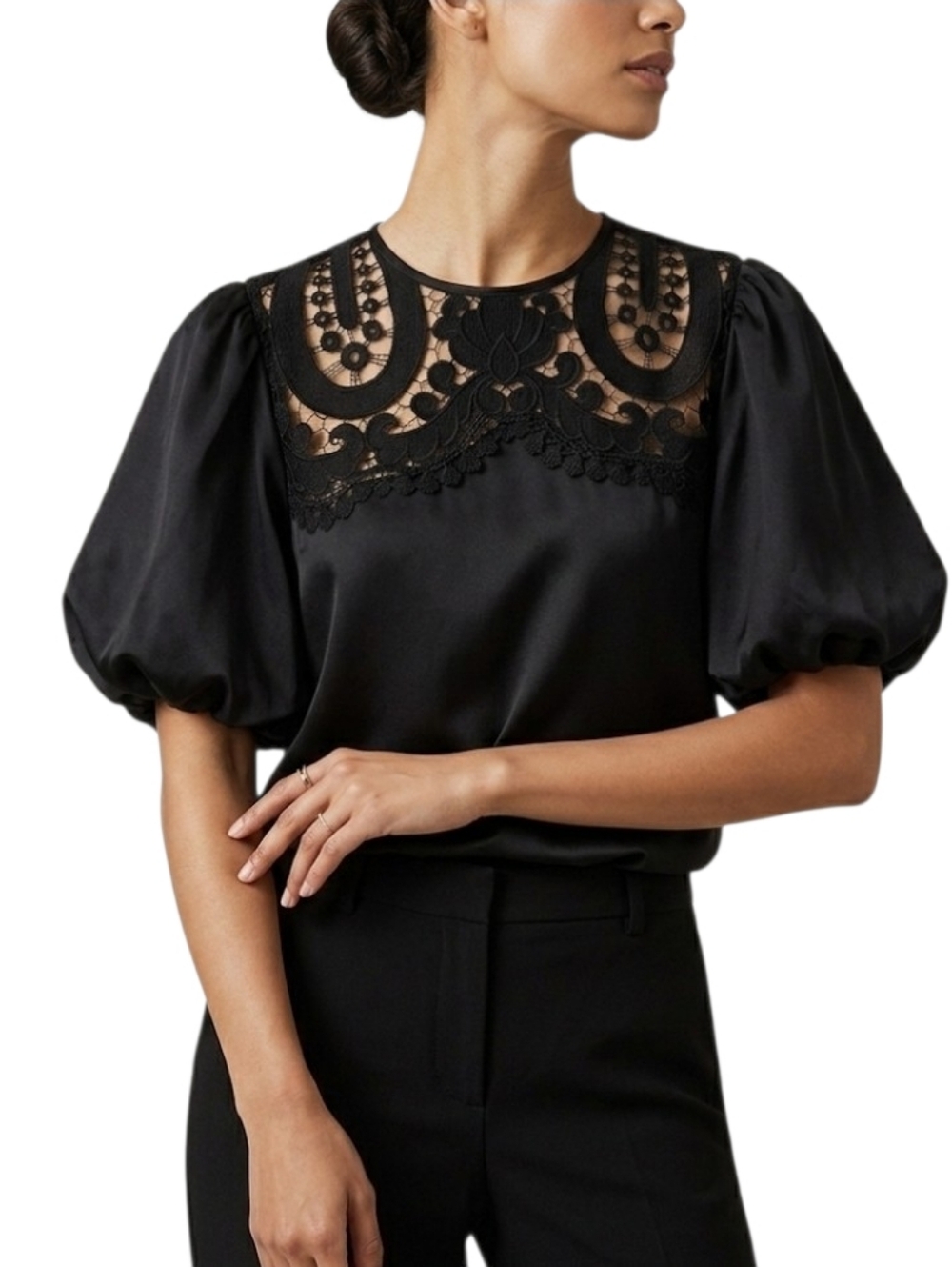 DELFI Collective Paloma Black Lace-Trim Puff Sleeve Top Womens Size XS